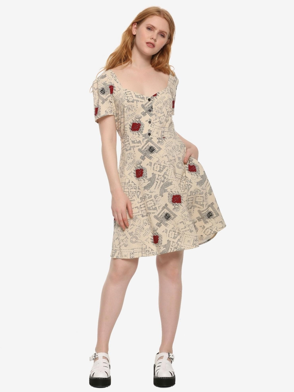 Hot Topic Cream Printed Mini Dress with Red and Black Accents